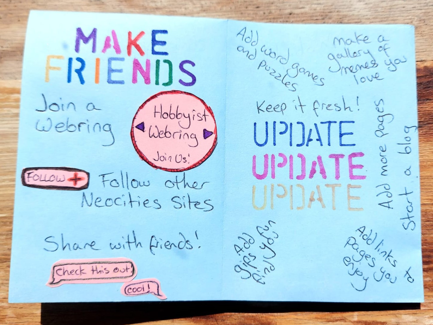 a two page spread of a mini zine about making a neocities site: 'make friends' and 'update'.