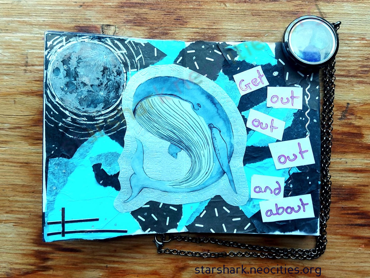 a two page spread of a mini-zine. There is a picture of a whale, the moon and reads 'get out, out, out and about'.