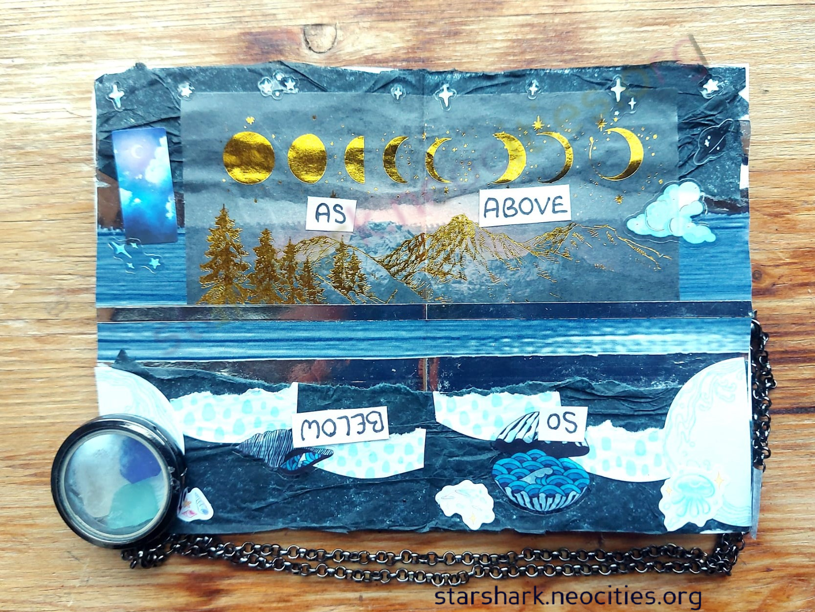 a two page spread of a mini-zine. There are space and sea themed images. It reads 'as above so below'.